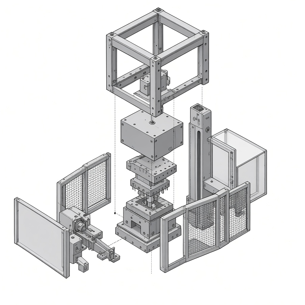 Exploded production machine illustration.