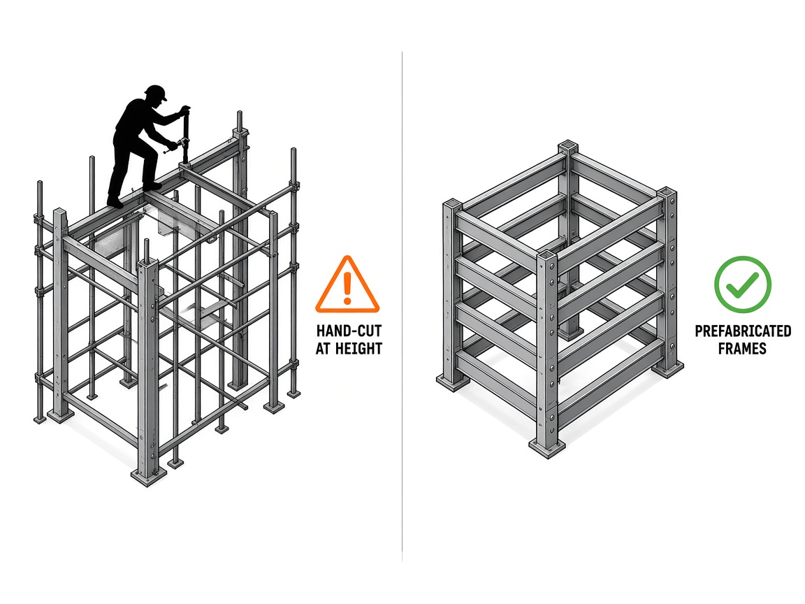 Hand-cut frames at height versus prefabricated support frames.